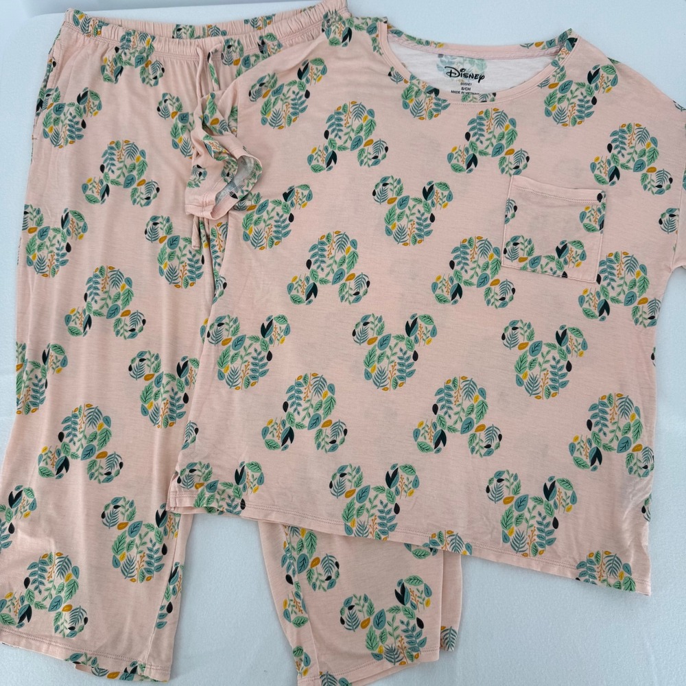 Disney Pajama Set Womens Small Pink Mickey Mouse Botanical Leaf Print‎ PJ Lounge - Picture 1 of 8